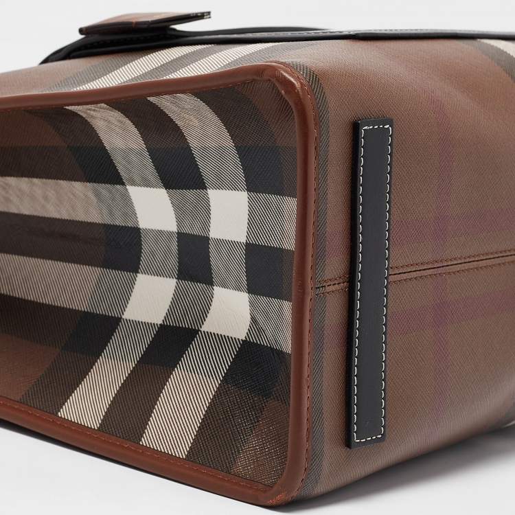 Pre Owned Burberry Dark Birch Brown Check Coated Canvas and Leather Medium Freya Tote