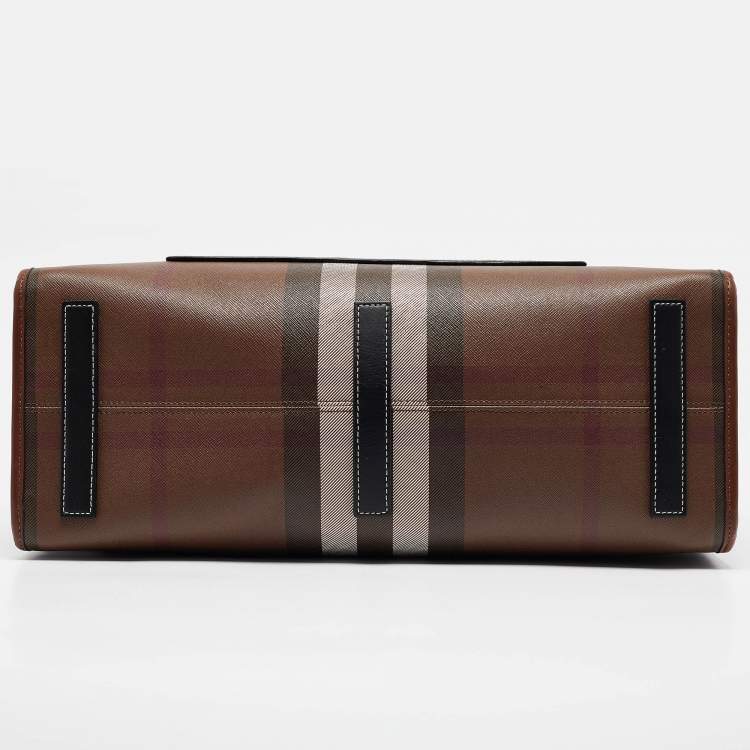 Pre Owned Burberry Dark Birch Brown Check Coated Canvas and Leather Medium Freya Tote