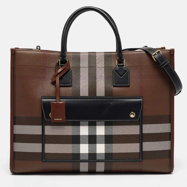 Pre Owned Burberry Dark Birch Brown Check Coated Canvas and Leather Medium Freya Tote