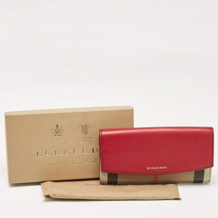 Pre Owned Burberry Beige/Red House Check Fabric and Leather Flap Continental Wallet