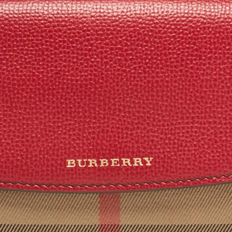 Pre Owned Burberry Beige/Red House Check Fabric and Leather Flap Continental Wallet