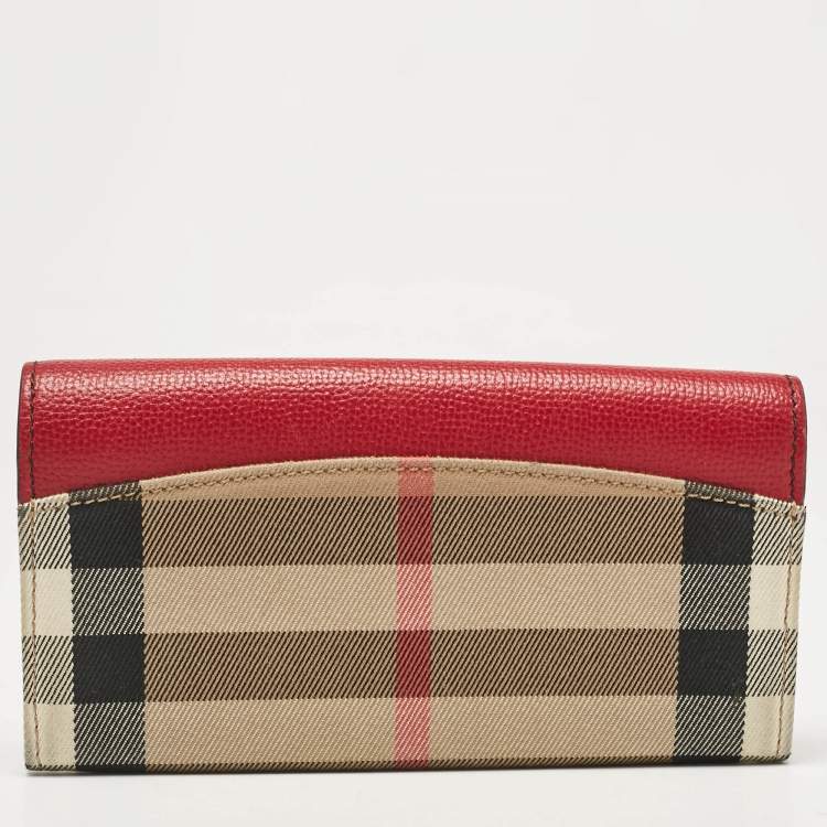 Pre Owned Burberry Beige/Red House Check Fabric and Leather Flap Continental Wallet