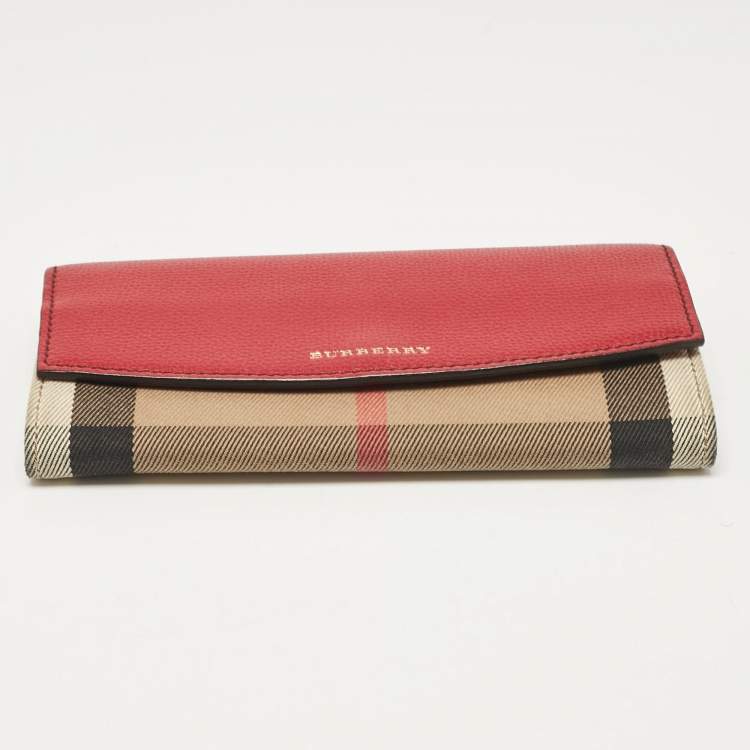 Pre Owned Burberry Beige/Red House Check Fabric and Leather Flap Continental Wallet
