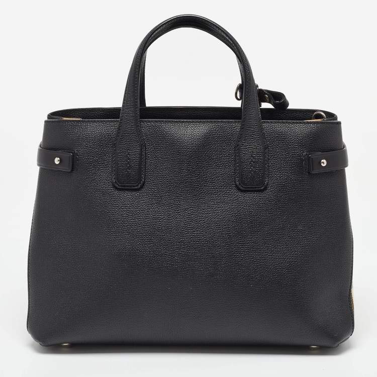 Pre Owned Burberry Black/Beige Leather and House Check Canvas Medium Banner Tote