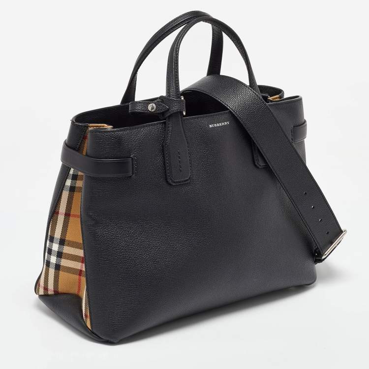 Pre Owned Burberry Black/Beige Leather and House Check Canvas Medium Banner Tote
