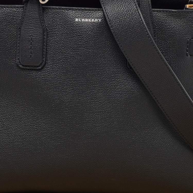 Pre Owned Burberry Black/Beige Leather and House Check Canvas Medium Banner Tote