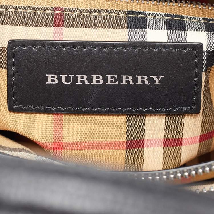Pre Owned Burberry Black/Beige Leather and House Check Canvas Medium Banner Tote