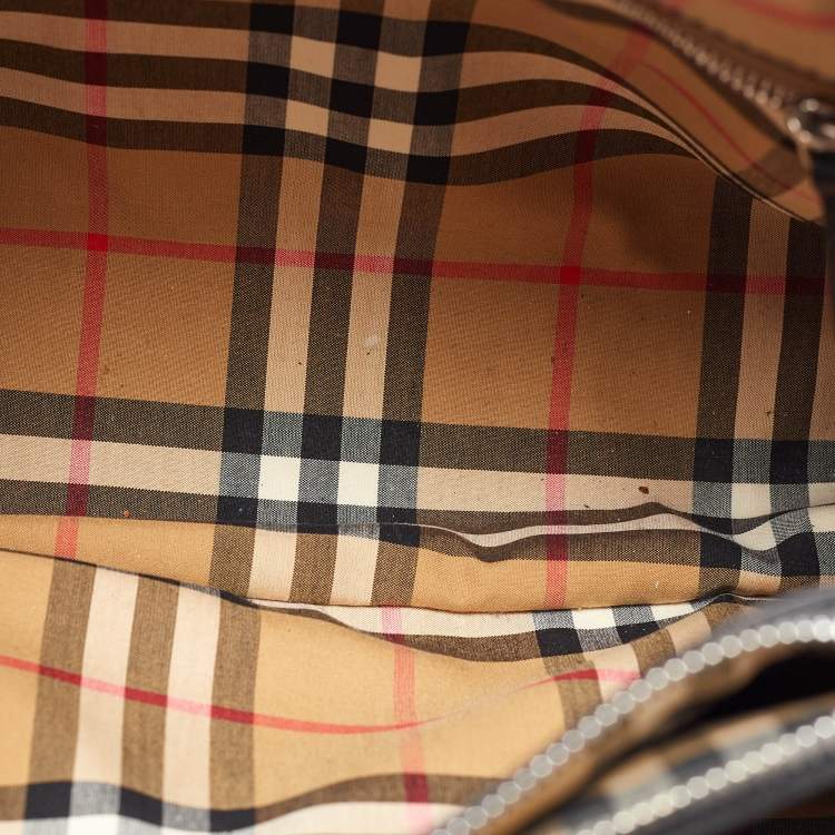 Pre Owned Burberry Black/Beige Leather and House Check Canvas Medium Banner Tote