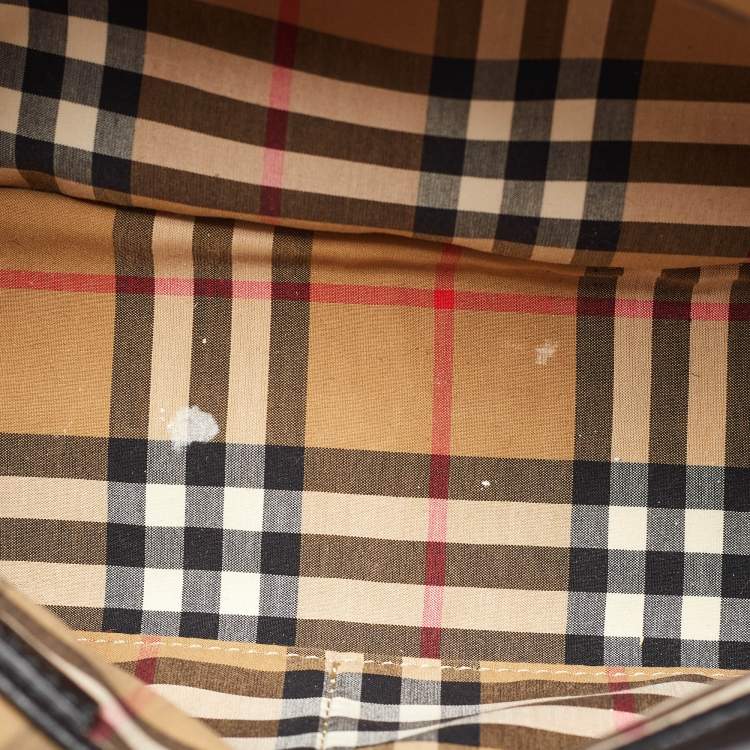 Pre Owned Burberry Black/Beige Leather and House Check Canvas Medium Banner Tote