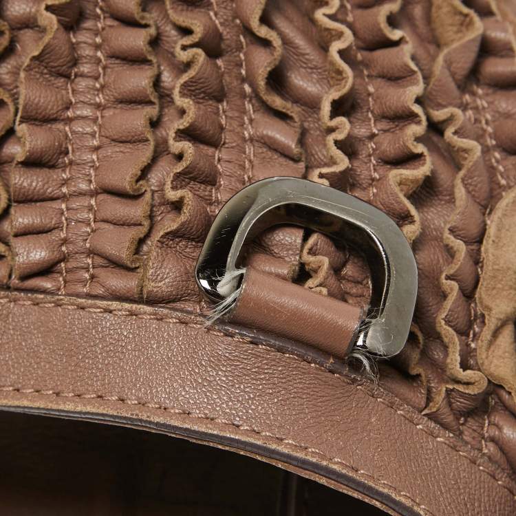 Pre Owned Burberry Dark Beige Leather Ruffled Lowry Hobo