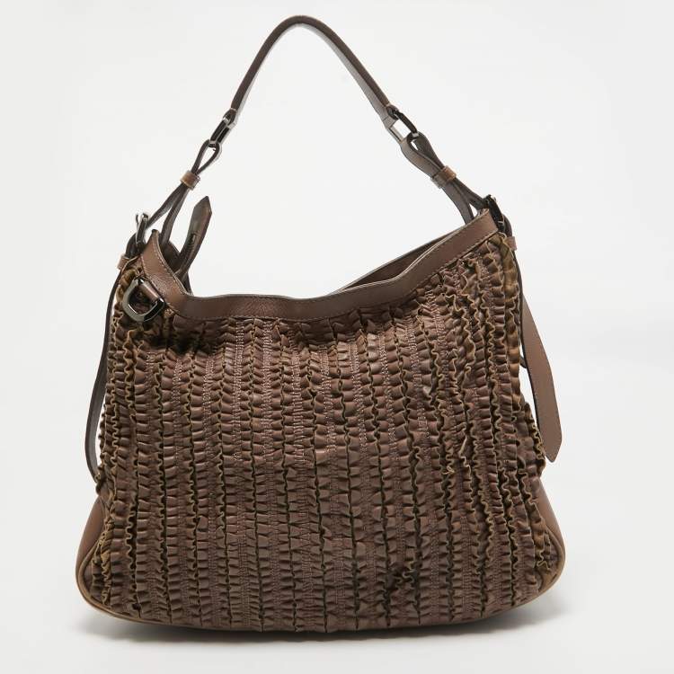 Pre Owned Burberry Dark Beige Leather Ruffled Lowry Hobo