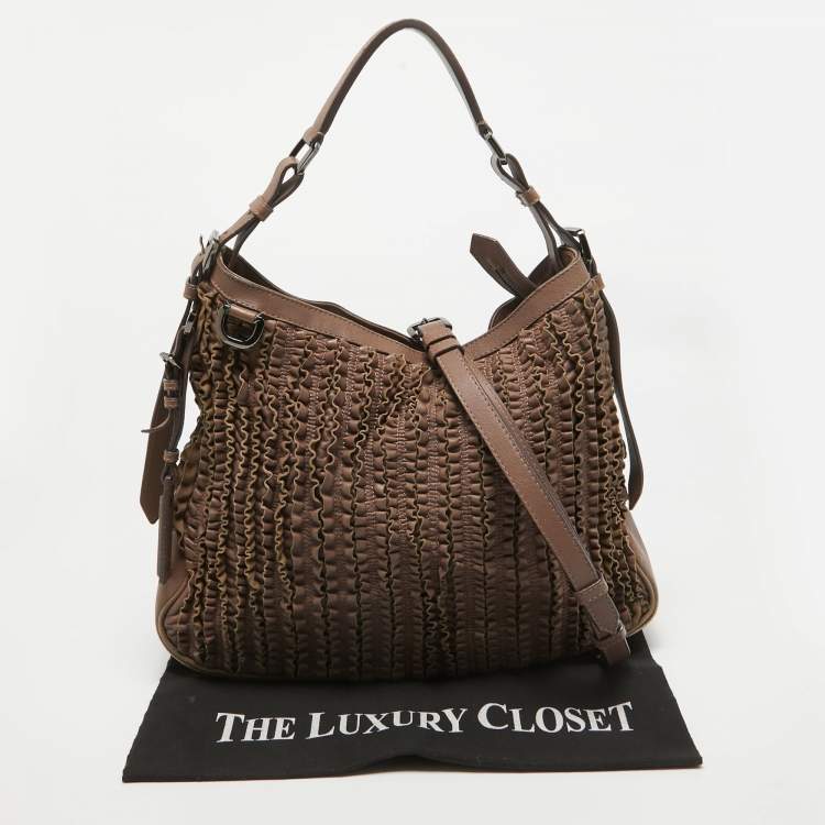 Pre Owned Burberry Dark Beige Leather Ruffled Lowry Hobo
