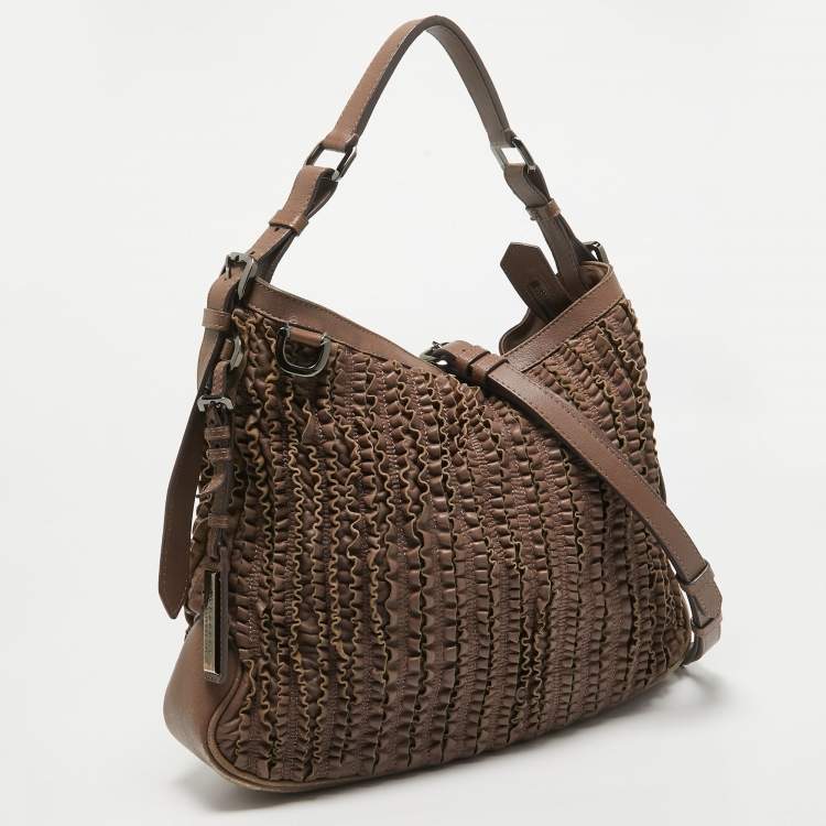 Pre Owned Burberry Dark Beige Leather Ruffled Lowry Hobo