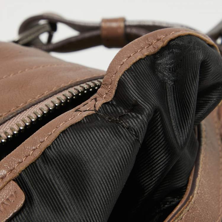 Pre Owned Burberry Dark Beige Leather Ruffled Lowry Hobo