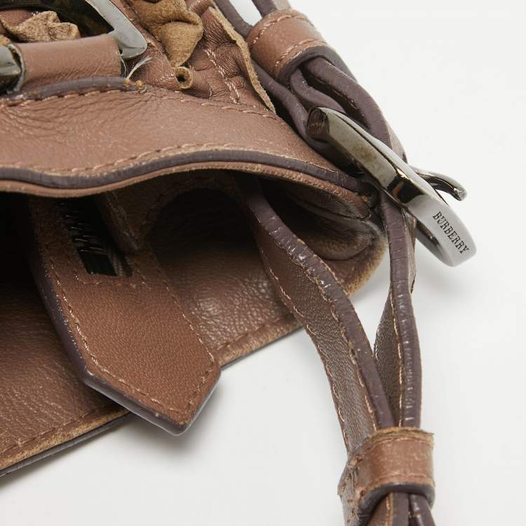 Pre Owned Burberry Dark Beige Leather Ruffled Lowry Hobo