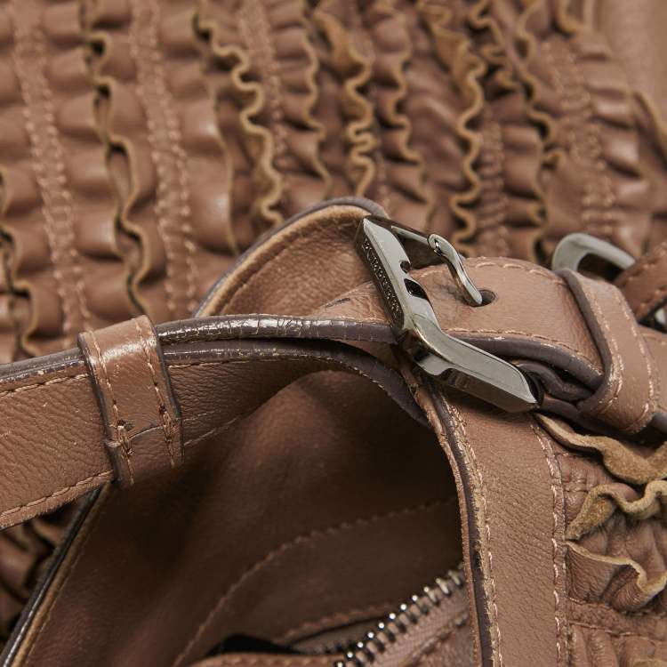Pre Owned Burberry Dark Beige Leather Ruffled Lowry Hobo