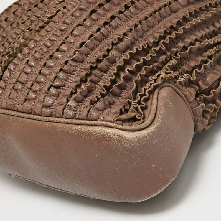 Pre Owned Burberry Dark Beige Leather Ruffled Lowry Hobo