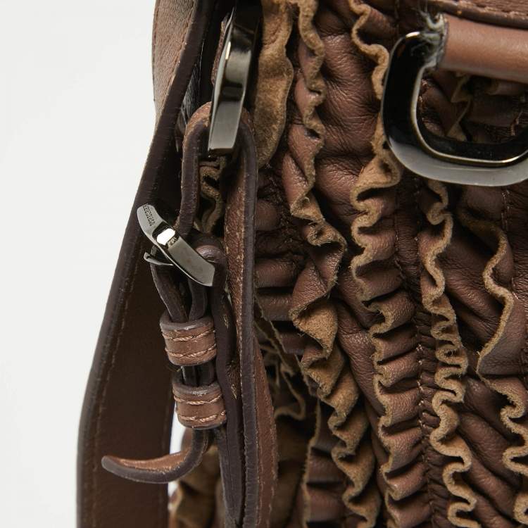Pre Owned Burberry Dark Beige Leather Ruffled Lowry Hobo