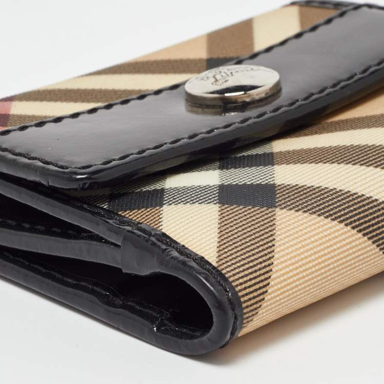Pre Owned Burberry Beige/Black Nova Check PVC and Patent Leather Compact Wallet