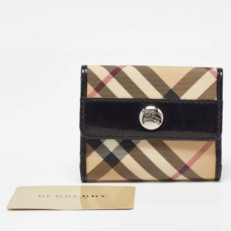 Pre Owned Burberry Beige/Black Nova Check PVC and Patent Leather Compact Wallet