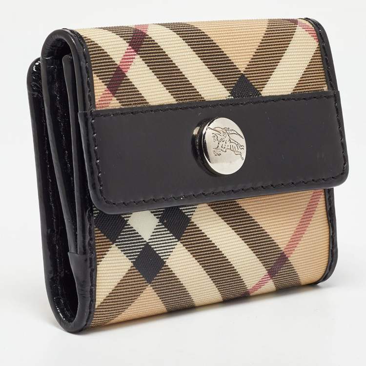 Pre Owned Burberry Beige/Black Nova Check PVC and Patent Leather Compact Wallet