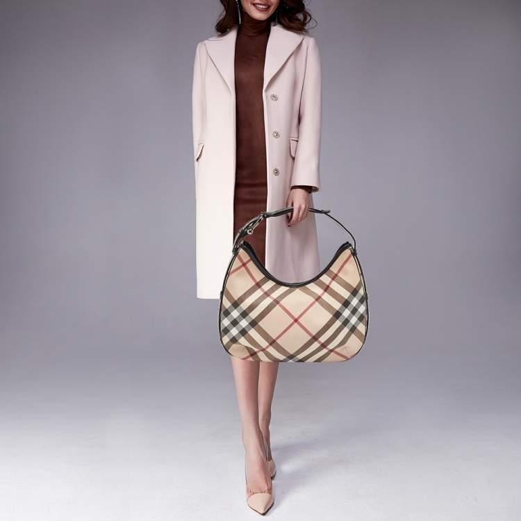Pre Owned Burberry Metallic/Beige Nova Check Coated Canvas and Leather Barton Hobo