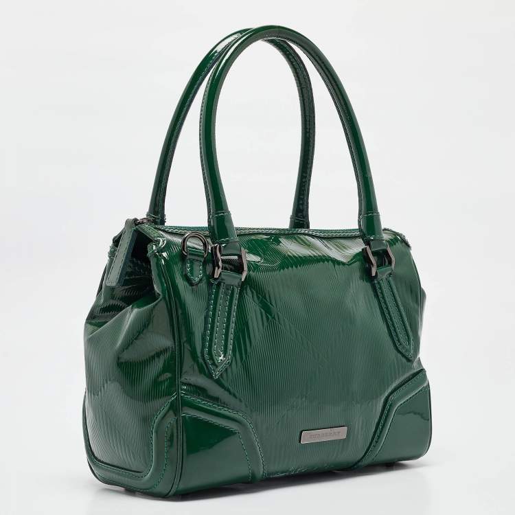 Pre Owned Burberry Green Check Embossed Patent Leather Anford Satchel