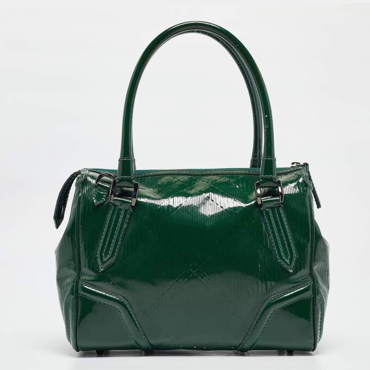 Pre Owned Burberry Green Check Embossed Patent Leather Anford Satchel