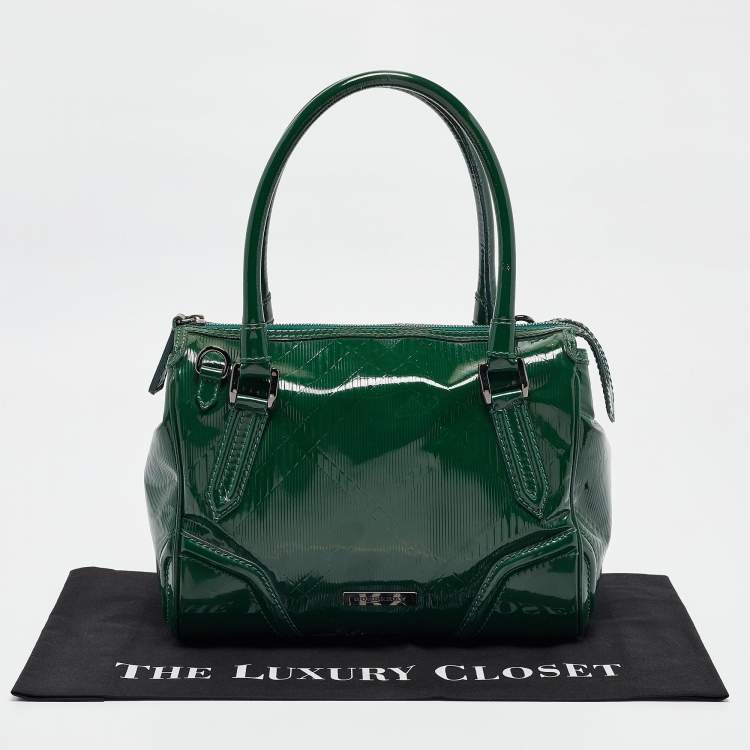 Pre Owned Burberry Green Check Embossed Patent Leather Anford Satchel