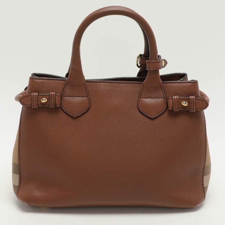 Pre Owned Burberry Brown/Beige House Check Fabric and Leather Small Banner Tote