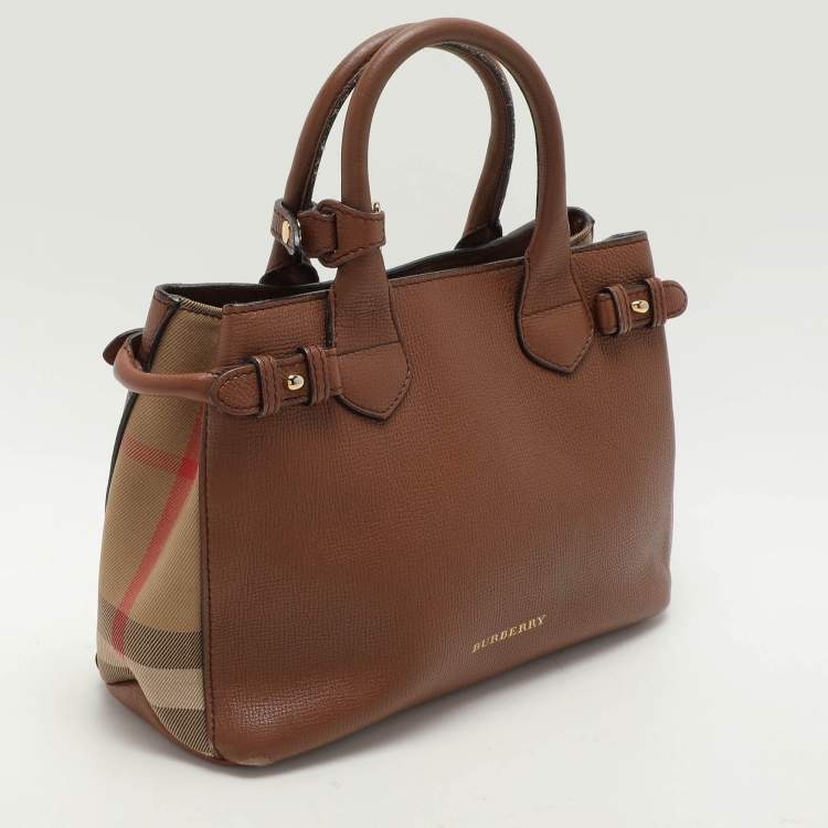 Pre Owned Burberry Brown/Beige House Check Fabric and Leather Small Banner Tote