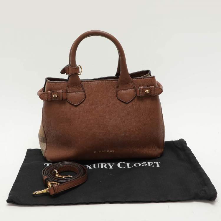 Pre Owned Burberry Brown/Beige House Check Fabric and Leather Small Banner Tote