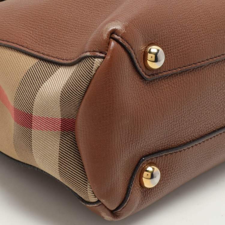 Pre Owned Burberry Brown/Beige House Check Fabric and Leather Small Banner Tote