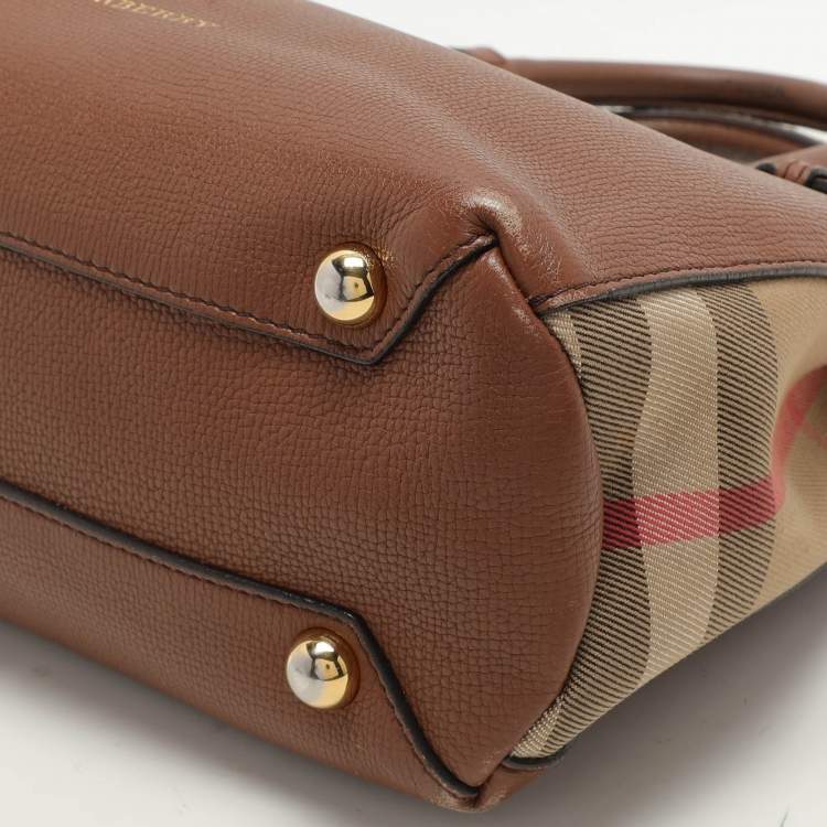 Pre Owned Burberry Brown/Beige House Check Fabric and Leather Small Banner Tote