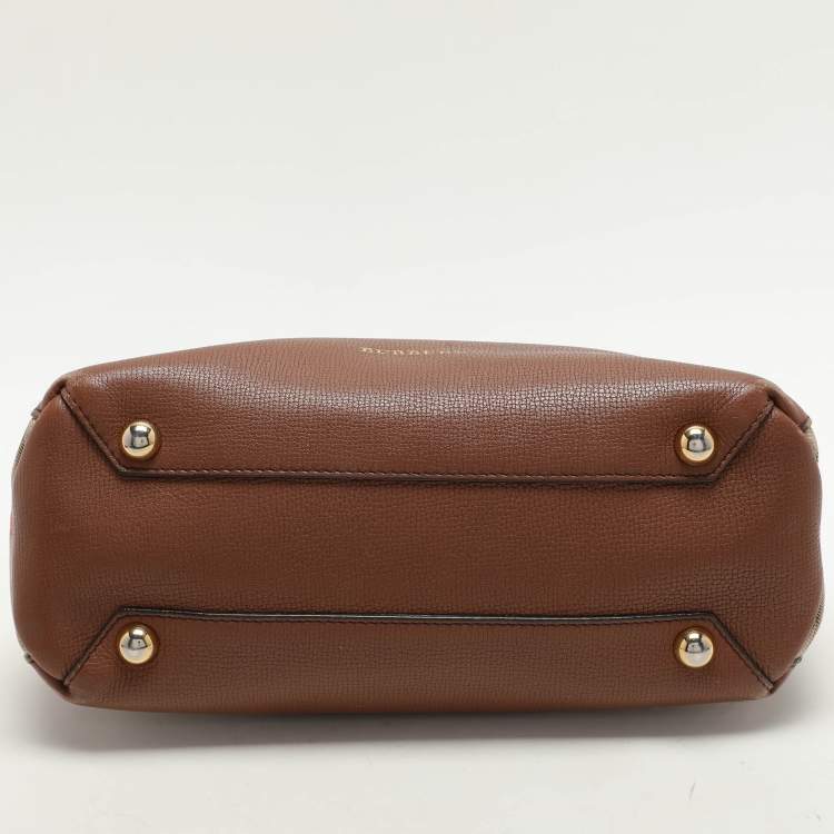 Pre Owned Burberry Brown/Beige House Check Fabric and Leather Small Banner Tote