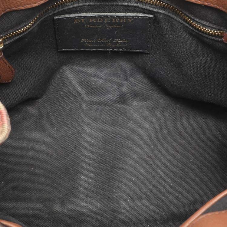 Pre Owned Burberry Brown/Beige House Check Fabric and Leather Small Banner Tote