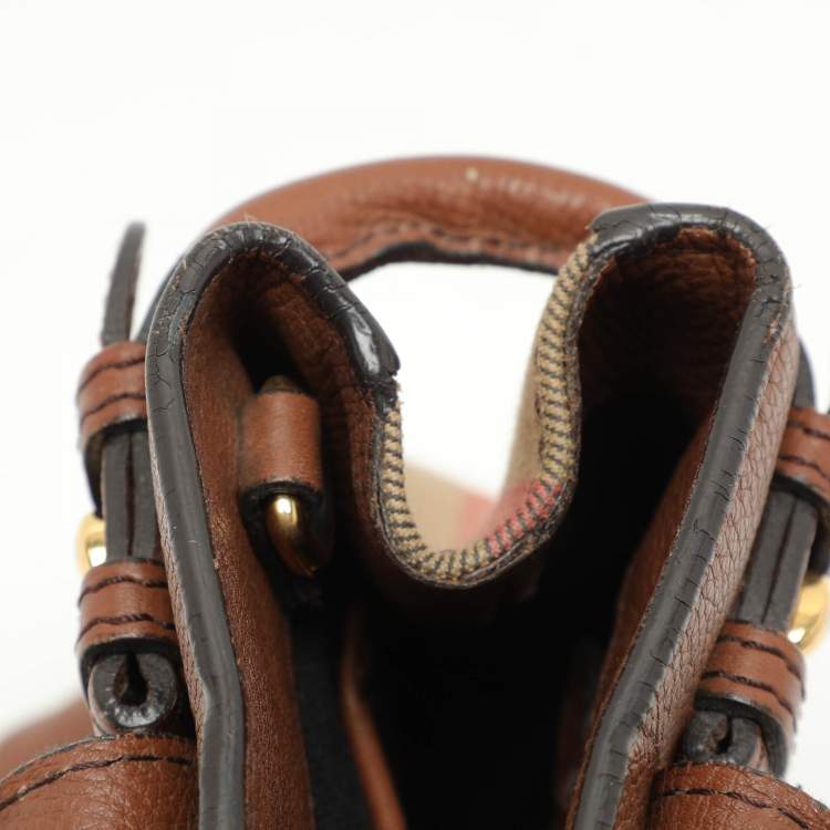 Pre Owned Burberry Brown/Beige House Check Fabric and Leather Small Banner Tote