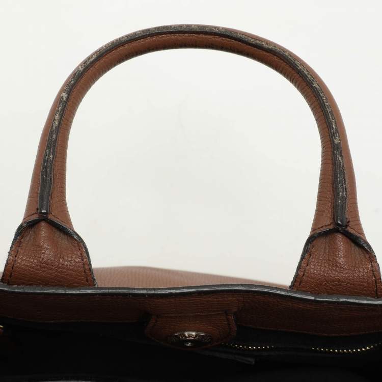 Pre Owned Burberry Brown/Beige House Check Fabric and Leather Small Banner Tote