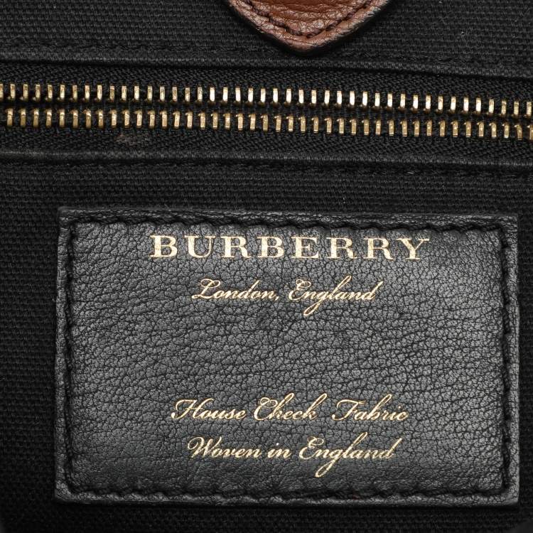 Pre Owned Burberry Brown/Beige House Check Fabric and Leather Small Banner Tote