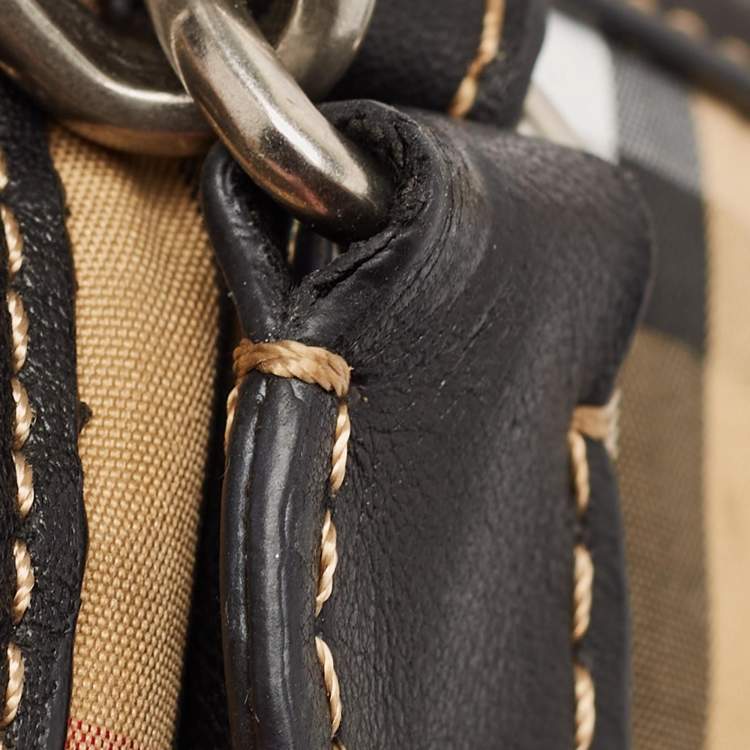 Pre Owned Burberry Beige/Black Leather House Check Nylon and Leather Rucksack Backpack