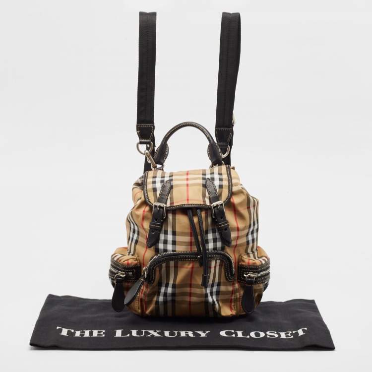 Pre Owned Burberry Beige/Black Leather House Check Nylon and Leather Rucksack Backpack