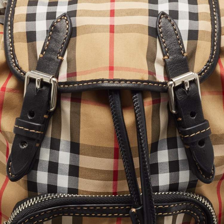 Pre Owned Burberry Beige/Black Leather House Check Nylon and Leather Rucksack Backpack