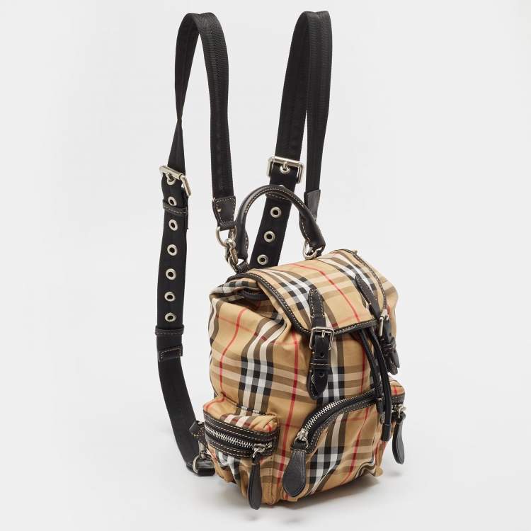 Pre Owned Burberry Beige/Black Leather House Check Nylon and Leather Rucksack Backpack