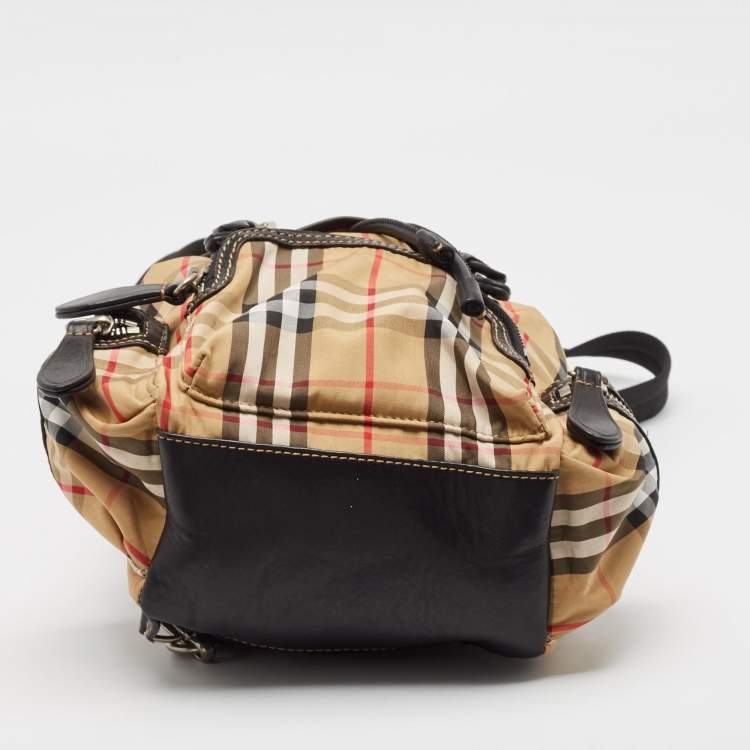 Pre Owned Burberry Beige/Black Leather House Check Nylon and Leather Rucksack Backpack