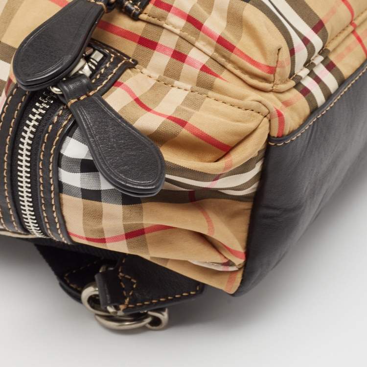 Pre Owned Burberry Beige/Black Leather House Check Nylon and Leather Rucksack Backpack