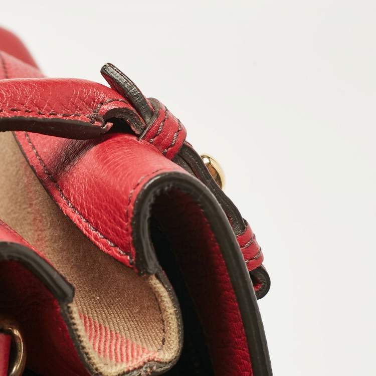 Pre Owned Burberry Red/Beige Leather and House Check Fabric Medium Banner Tote
