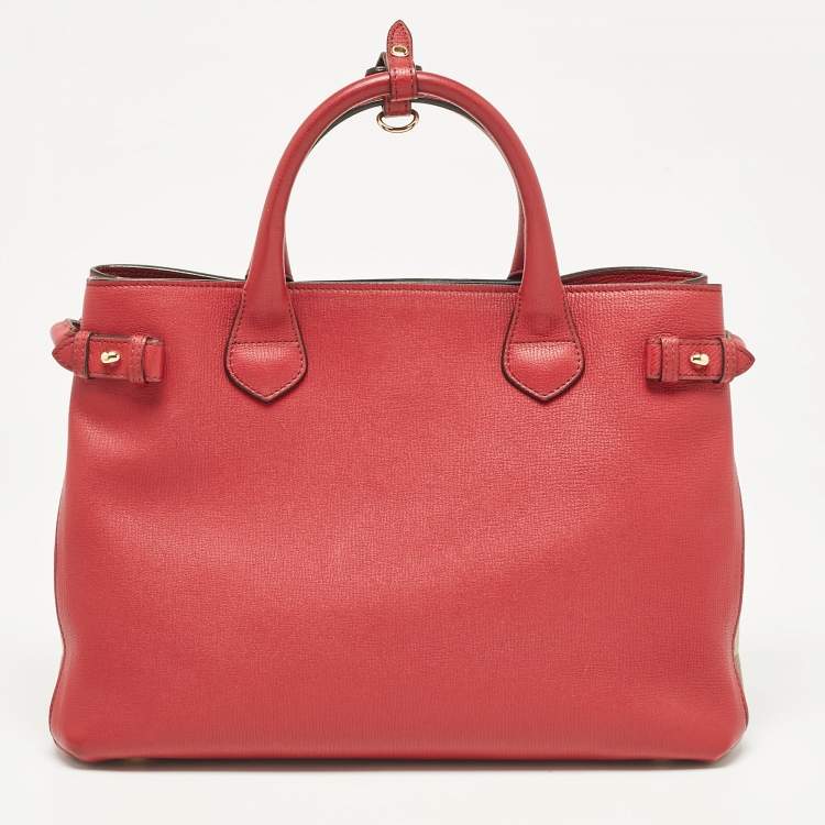 Pre Owned Burberry Red/Beige Leather and House Check Fabric Medium Banner Tote
