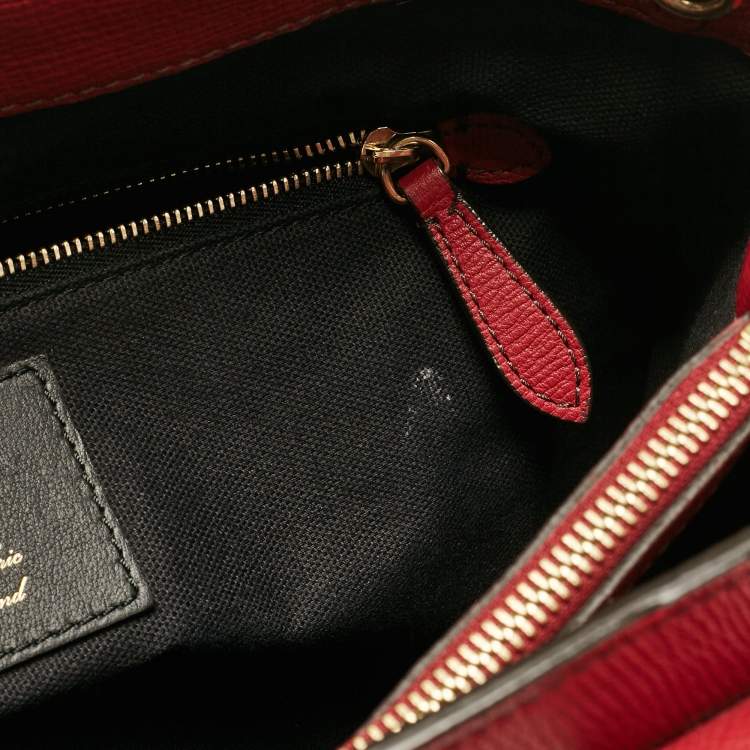 Pre Owned Burberry Red/Beige Leather and House Check Fabric Medium Banner Tote
