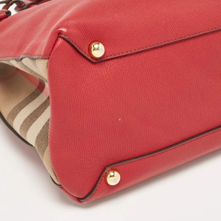 Pre Owned Burberry Red/Beige Leather and House Check Fabric Medium Banner Tote