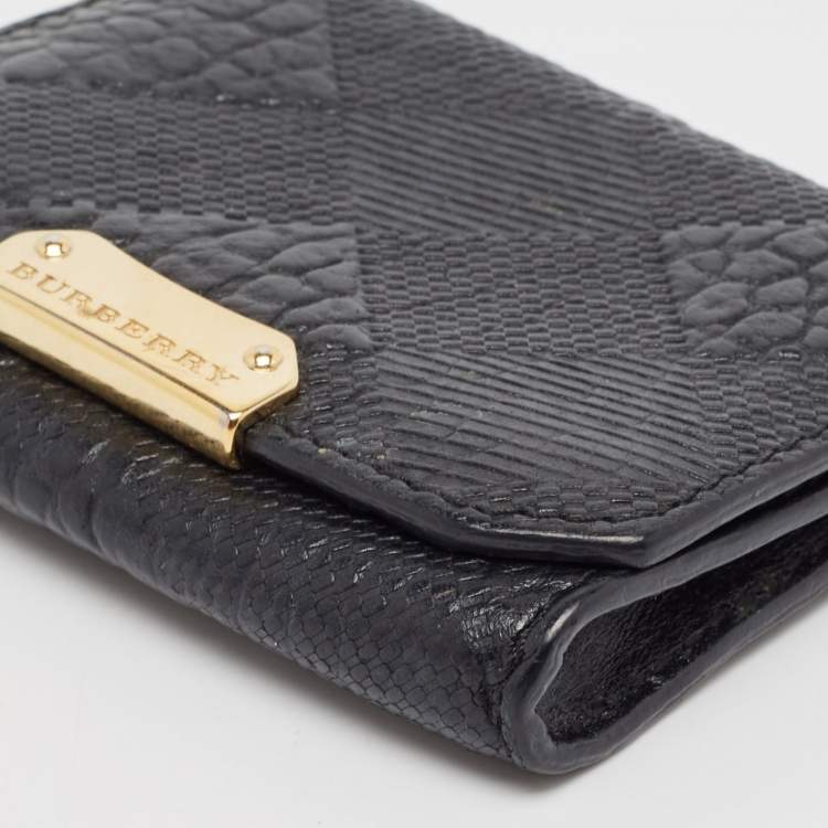 Pre Owned Burberry Black Embossed Check Leather Flap Card Case